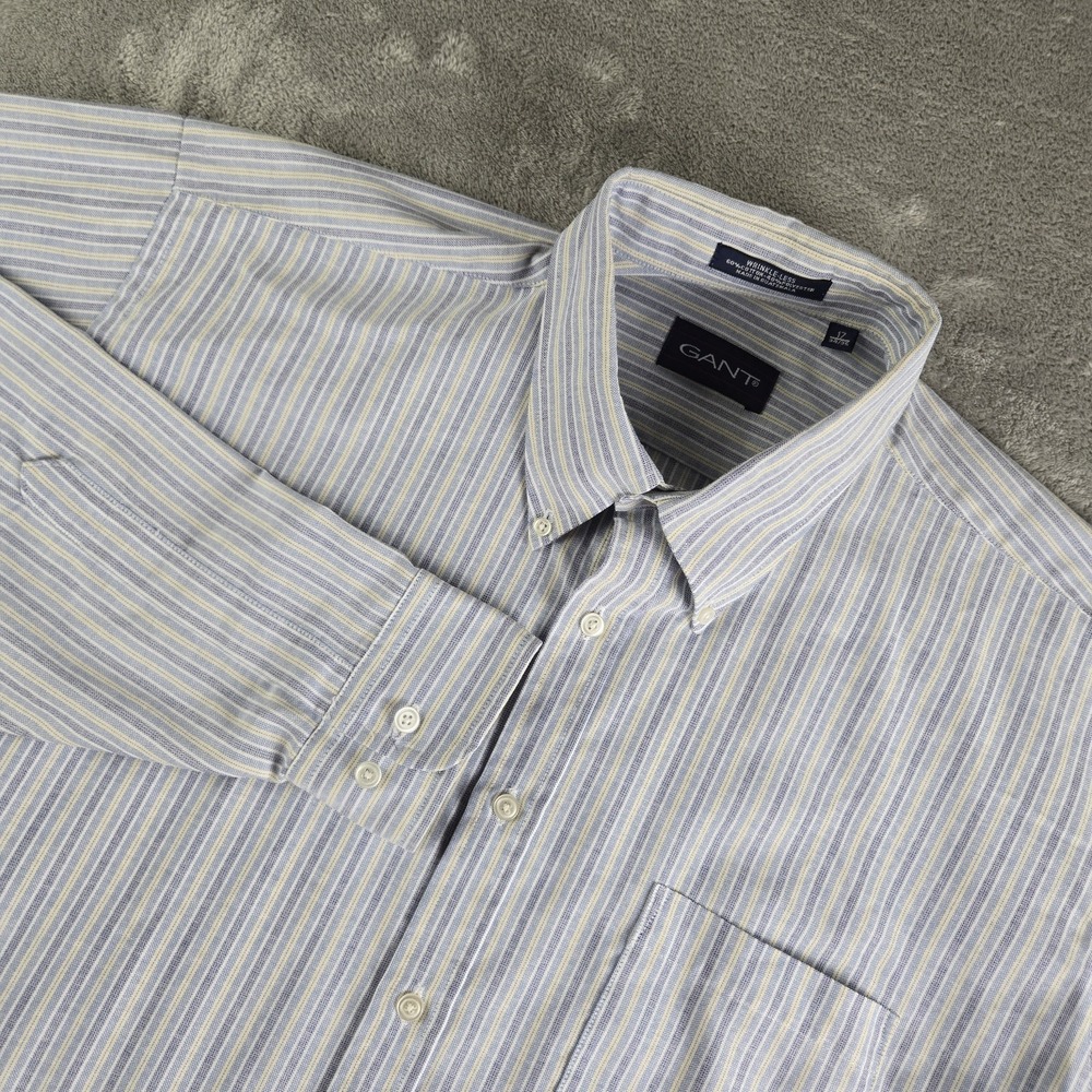 Gant Shirt‎ Mens 17 34/35 Blue Yellow Striped Long Sleeve Wrinkle Less Career